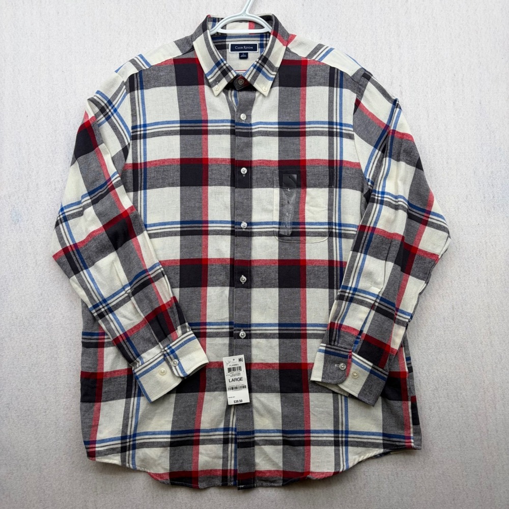 Club Room Flannel Shirt Mens Large Winter Ivory Plaid Button Down 100129269MN